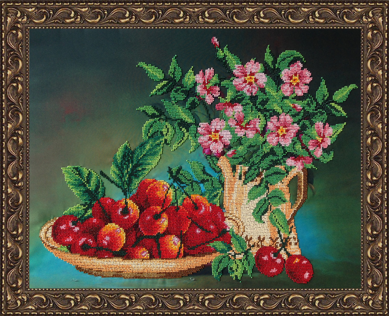 черешня вишня ягоды натюрморт цветы вышивка бисером
